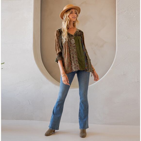 Young Threads Size Medium Gravel Patchwork Velvet Top - Picture 5 of 6